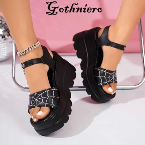 Image of Gothniero women black platform sandals goth chunky wedge heel summer sandals girls gothic punk platform sandals for women metallic spider buckles slides size 5.5-11
