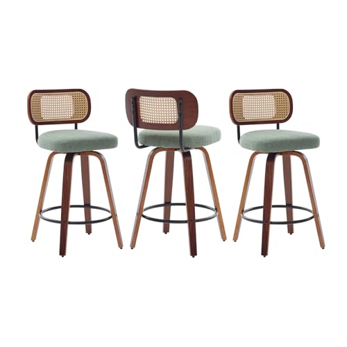 Image of Swivel Counter Height Bar Stools Set of 3, 26 inch Bar Chairs with Curved Rattan Back, Linen Upholstered Seat, Walnut Craftsmanship, Mid Century Modern Counter Stools for Kitchen Counter, Light Green