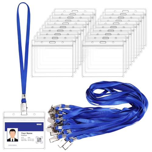 20 Piezas Porta Tarjetas Colgante Badge Holder con Cordón Azul, Imperméable Porta Tarjetas Identificativas, Horizontal Porta Credencial con Correa de Cuello para Oficina, Exposición y Negocios