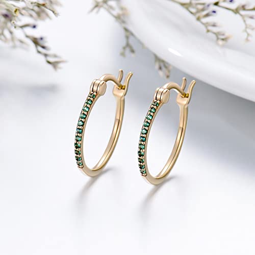 14K Gold Emerald Hoop Earrings, Solid Yellow Gold Created Emerald Green Hinged Hoops, St. Patricks Day Jewelry Birthstone Earrings for Women Ladies Her Mom, 11.5mm Diameters3