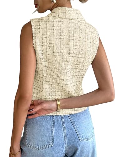 Mina Self 2025 Womens Summer Tweed Plaid Vest Tops Sleeveless Lightweight Crop Double Breasted Work Jacket3