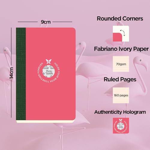 Image of flexbook Smartbook Notebook Ruled Pink | A6 | 9x14cm | 160 pages | 70gsm Fabriano Ivory Paper | Colorful Eco Paper Cover | with Green linen spine
