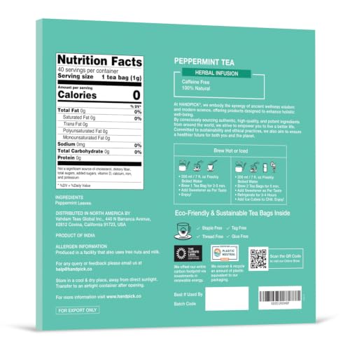 Image of HANDPICK Peppermint Tea (40 Tea Bags) Fresh Natural Mint Leaves, Non GMO