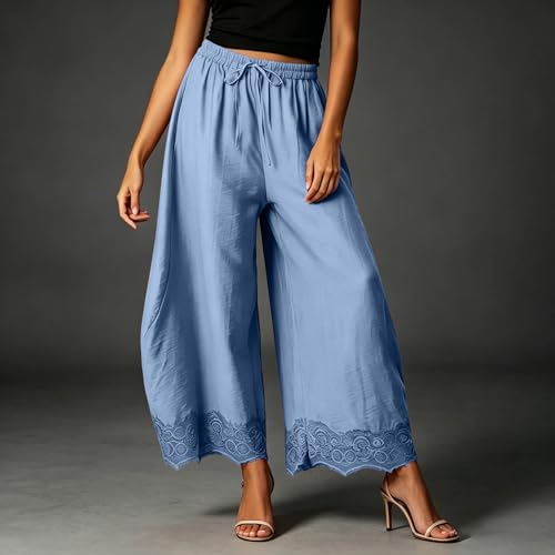 Pantalones de lino para mujer con encaje holgados largos 3