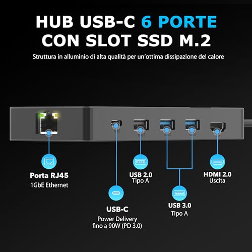 Hub USB-C, Dock a 6 Porte con Slot per SSD M.2, PD3.0 da 90W, 1 Porta USB 2.0 e 2 Porte USB 3.2 Tipo-A, HDMI 2.0 4K@60Hz, Porta RJ45 1GbE (HB-6PNV) - Hub USB - Immagine 1