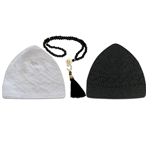 ESERRA Kufi Hats for Men Muslim, Prayer Cap, Handicraft Taqiyah, Taqiyah Cap, Muslim Tasbih 99 Beads, Muslim Prayer Beads