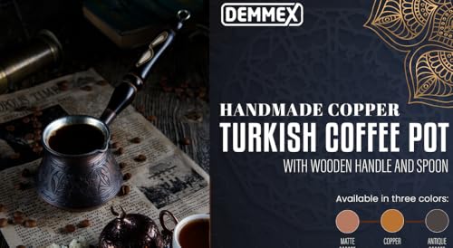 Image of DEMMEX 15 oz Large Copper Turkish Coffee Pot Cezve Ibrik Greek Coffee Briki Stovetop Coffee Maker with Wooden Handle & Spoon, 1mm Thick Copper, Handmade & Engraved in TURKEY, 6 Servings