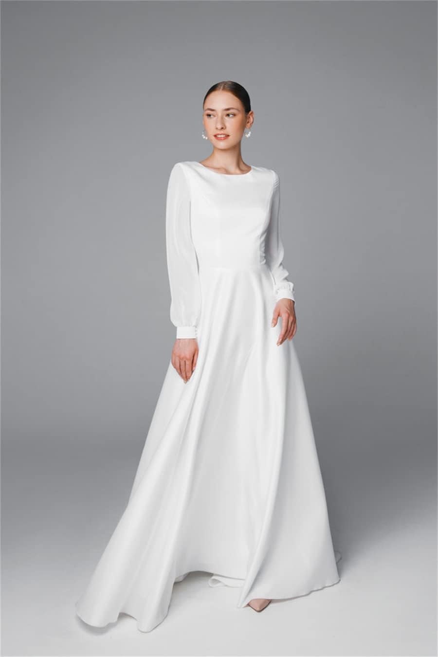 Simple Wedding Dress Chiffon Long Sleeve Sweap Train A-Line Satin Bridal Gown