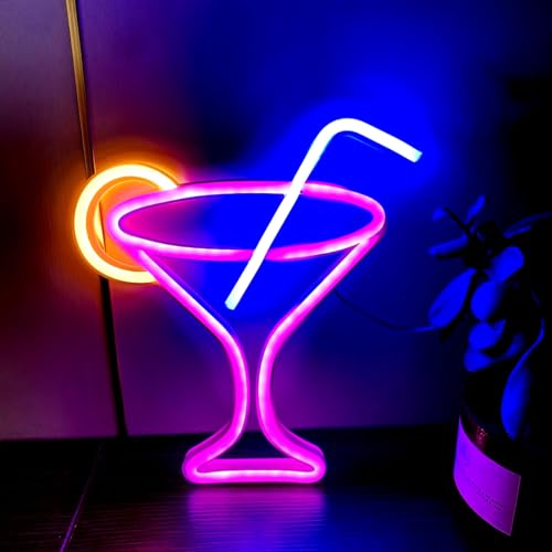Image of Pink Neon Cocktails Sign, LED Wine Glass Night Light - Dual Powered (Battery & USB) for Wall Decor, Club, Restaurant, Shop