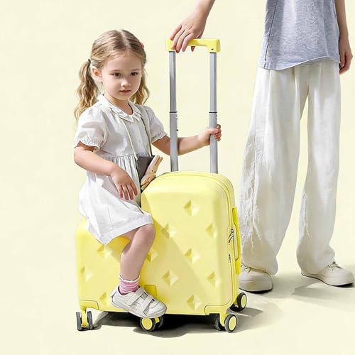 Dalumian Equipaje de mano infantil con asiento para montar — Maleta con ruedas giratorias, ligera, maleta de viaje con ruedas para niños, portavasos, pedal plegable y función cochecito(Yellow,18
