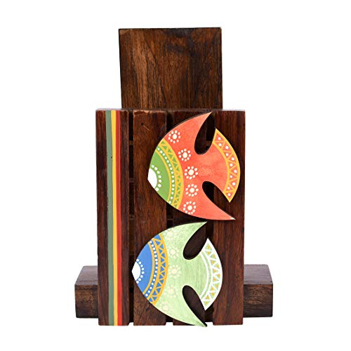 Image of Aakriti Art Creations Madhubani Art Wooden Towel Holder Stand | Handcrafted Wooden | Matte Finish Natural Brown Towel Holder for Bath & Wash Area