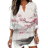 PORCLAY Womens Floral Shirts Long Sleeve V Neck Oriental Aesthetic Graphic Blouses Loose Fit Lightweight Summer Fall Print Tops Trendy 2025 Peach Blossom 09 M
