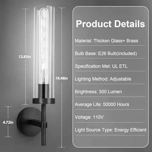 Image of Black Wall Sconces Set of 2, 19.5 inch Knurled Matte Black Bathroom Vanity Light Fixture with Clear Glass Tube, Modern Industrial Wall Lamp for Bathroom Mirror Bedroom Living Room Hallway Stairs