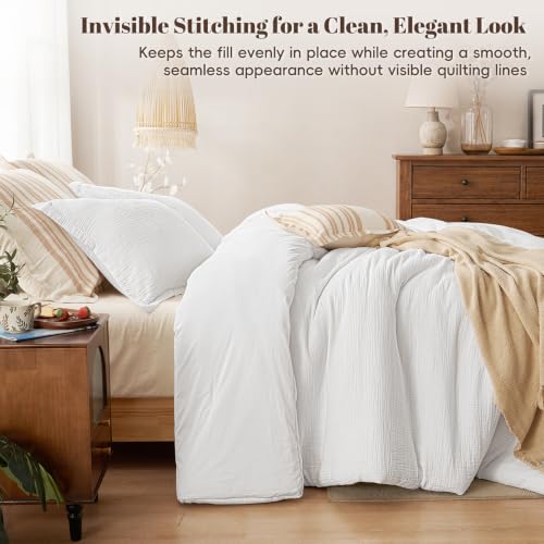Image of PHF Cotton Muslin Comforter Set Queen, Ultra Soft Breathable, White