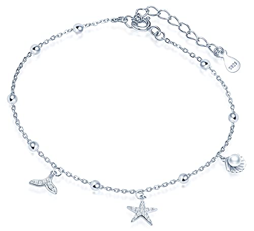 Yumilok Fusskettchen Armband mit Charms Seestern Anhänger Muschel Fischschwanz Länge verstellbar Fußspange Fußband Knöchel Armband für Frauen Mädchen