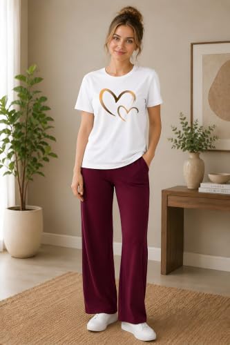 Image of ELVIA Women's Pure Cotton Top and Pyjama Co-Ord Set | Double Heart Graphic Printed Night Suit | Regular Fit Half Sleeve Round Neck T-Shirt with Pajama Sleepwear Loungewear Set