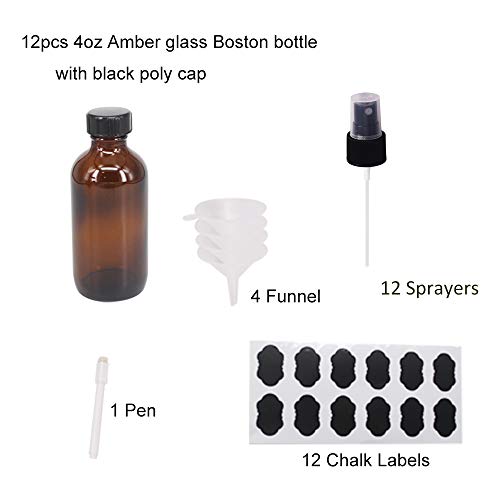 12 Pack 4 oz Amber Glass Spray Bottles 4oz Fine Mist Spray Bottle For Essential Oils, Perfumes, Alcohol, Watering Flowers, Cosmetic Spray Bottle, Refillable Liquid Containers4