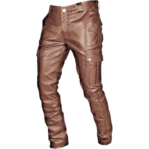 Men's Hip Hop Cargo Leather Pants Faux Leather Motorcycle Biker Pants Skinny Leather Trousers for Men (Brown,Medium)