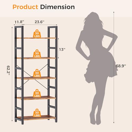 Image of DUMOS 5-Tier Bookshelf, Modern Tall Bookcase, Open Storage Display Shelf for Living Room, Bedroom, Home Office, Narrow Standing Shelving Unit for Books, CDs, Decor,Rustic Brown