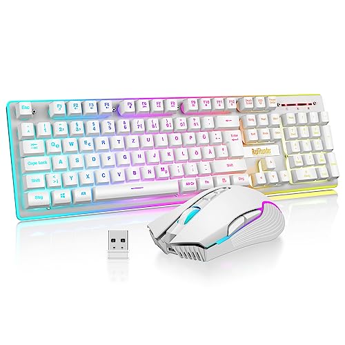RedThunder K10,Juego de Teclado y ratón inalámbricos para Videojuegos QWERTZ DE-Layout LED, Capacidad de la batería, Teclado inalámbrico y 3200 dpi ratón inalámbrico para Videojuegos (Blanco)