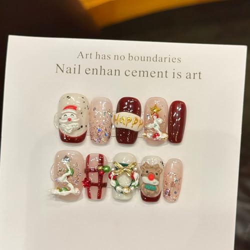 Handmade Press on Nails Long Stiletto Fake Nails Christmas with 3D Elk and Christmas tree Designs Red Glitter Cute Acrylic Nails for Women 10pcs (Size M)