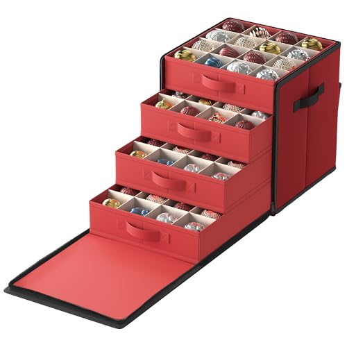 Songmics Caja De Almacenamiento Para Decoraciones Navideñas, Apertura Lateral, Contenedor Apilable Con Tapa, 4 Bandejas Extraíbles, Oxford 600d, 64 Compartimentos De 7,6 Cm, Rojo Cereza Rfb037r01