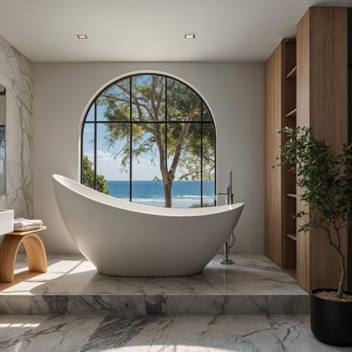 Fino Stone Barcena 1870mm Matt White Freestanding Stone Bathtub – Designer Centrepiece with Superior Heat Retention, Solid Surface for Ultimate Bathing Experience, 281L Capacity & Sleek Finish