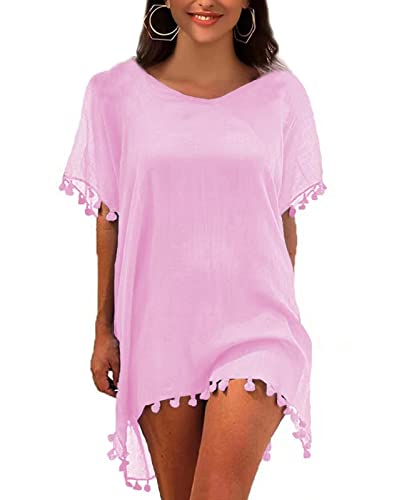 Image of Heynino Women's Beach Swimwear Cover-Up Tassel Kaftan Loose Blouse Tops Pink