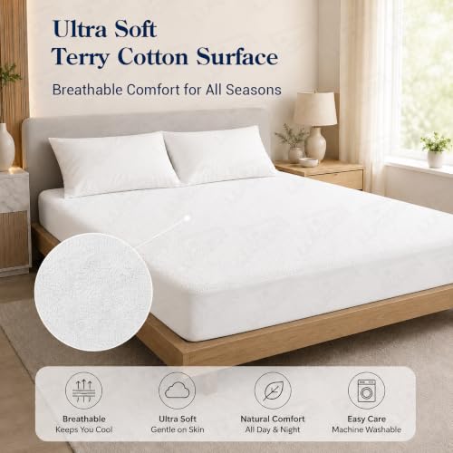 Image of Lukzer Waterproof Mattress Protector White Queen Size 72 x 60 Inches (6 x 5 ft) Ultra Soft Terry Cotton Feel Fabric with Elastic Skirting Hypoallergenic and Breathable Mattress Cover