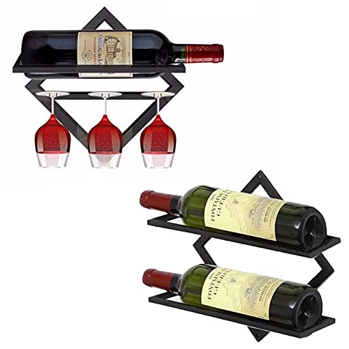 2 Pack Metal Wine Rack Wall Mounted, Wine Bottle Rack and Stemware Hanger, Wine Storage Display Rack,Bottle & Glass Holder for Home & Kitchen Display Decor (Black)