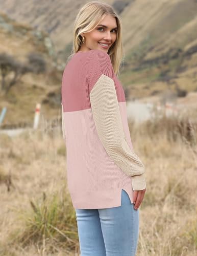 Image of Zeagoo Women 2026 Fall Lightweight Oversized Sweater Crew Neck Long Sleeve Color Block Pullover Rib Knit Blouse Tops XS-2XL