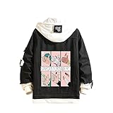 Kvikci Anime JoJo's Bizarre Adventure Jeans Jacket Cosplay Kujo Jotaro Hooded Sweatshirt Casual Jacket Men Trucker Jacket (M, black8)