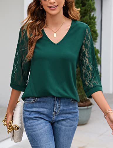 Clearflower Womens 3/4 Sleeve Patchwork Half Lace Sleeve Tops Casual Spring Summer Elegant Soild Blouses Dark Green 2Xl #TOP3