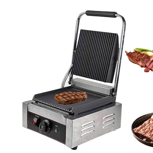 CAFIEDR Parrilla eléctrica Individual para sándwiches, Ajustable Entre 50 y 300 ℃, para Hacer sándwiches y prensar Pan, Plancha eléctrica para Carnes a la Parrilla, Hamburguesas y Verduras(ranurado)