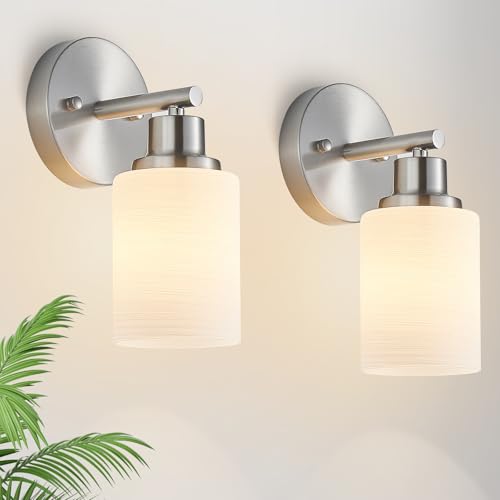 Image of 2-Pack 1-Light Vanity Lights, Brushed Nickel Bathroom Light Fixture with Textured Milky White Glass Shade, E26 Modern Vanity Lighting Fixture for Bathroom Wall Sconce
