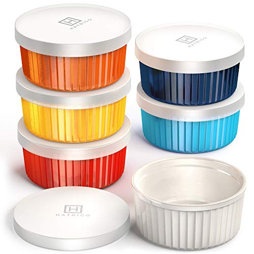 Hatrigo Porcelain Ramekins with Silicone Storage Lids, Set of 6 Assorted Colors, 10 oz Oven Safe to 450 deg F, Dishwasher Safe