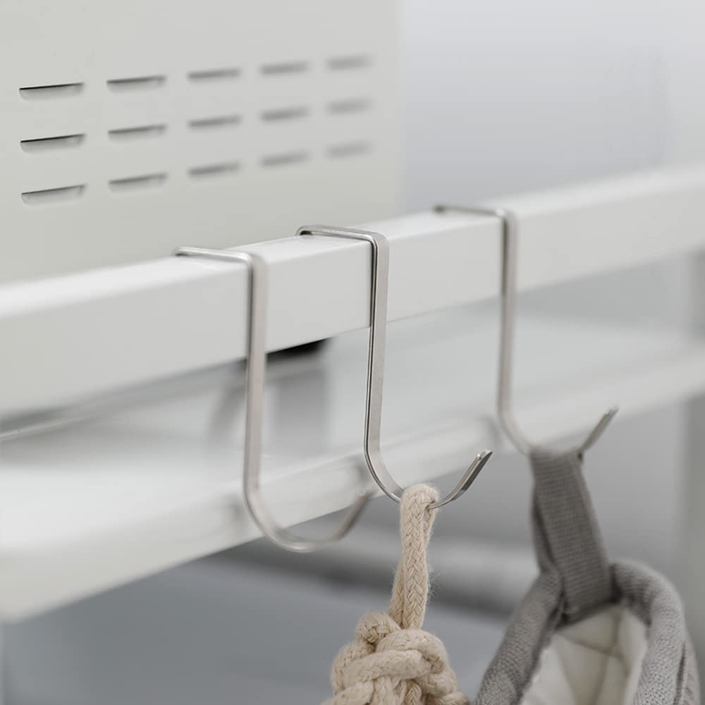 Estante de microondas extensible de metal, estante ajustable para cocina, estante de microondas vertical con 3 ganchos en S, práctico soporte de cocina para encimera (blanco)