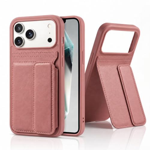Image of amazon basics Luxury Vegan Leather Back Cover for iPhone 17 Pro Max | Built-in Card Holder Slot | Integrated Mobile Stand | Slim Shockproof Protective Case with Stitched Finish - Pink