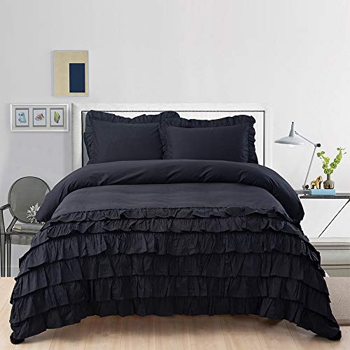 Softta Bedding Collection Full Size 3Pcs Duvet Cover Sets Zipper Closure Vintage Boho Elegant Black Patchwork Ruffle 6-Layered Wavy Folds Chic Wrinkle Girl Bedding Set Designer 100% Natural Cotton #TOP12