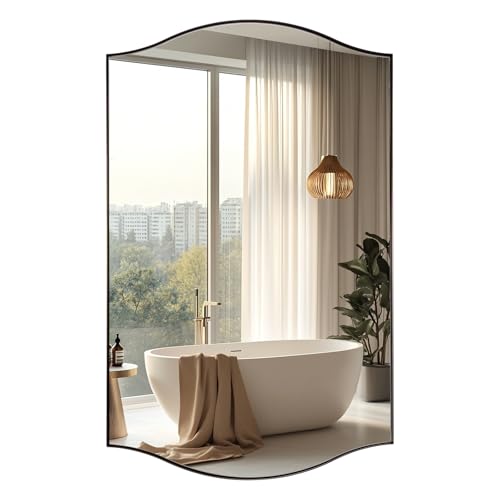 Image of ANDY STAR 30 inchx48 inch Scalloped Mirror,Brushed Bronze Rectangle Bathroom Mirror with Curved Edge Stainless Steel Metal Frame, Large Wall-Mounted Mirror for Bathroom, Entryway (Horizontal /Vertical)