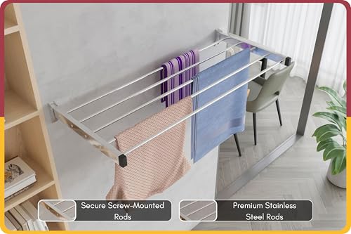Image of Amiraj Heavy Duty Stainless Steel Wall Mounted Clothes Drying Rack | Foldable & Space Saving Cloth Dryer Stand for Balcony, Laundry & Bathroom | Rust-Free Laundry Rack (4 Feet, 5 Pipe)