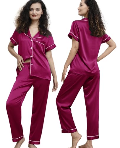 Image of WJing Yi Jia Womens Pajamas Set XS-4XL Floral Silk Satin Pajama Sets Silky Pj Sets 2Pcs Loungewear Sleepwear Button Down Pjs