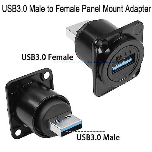 QIANRENON USB3.0 Male to Female Panel Mount Adapter, 5Gbps Data Transfer & Charging, XLR/D-Panel Mount, Black - Image 2