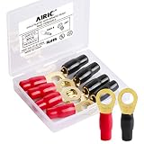 AIRIC 6 AWG - 3/8' Stud (M10) Gold Plated Copper Ring Terminals Kit, 8 Pcs Crimp Battery Cable Lugs, Heavy Duty Wire Connector Ends, Electrical Wiring Battery Terminal Connectors with Soft Boots
