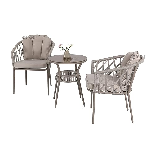 Image of BRISHI Garden Patio Seating Chair and Table Set Outdoor Balcony Garden Coffee Table Set Furniture with 1 Table and 2 Chairs Set with Cushion Braid & Rope (Natural)