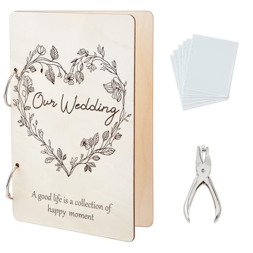 SUPERDANT Our Wedding Greeting Card Organizer Heart-shaped Wreath Wooden Card Keeper Binder Greeting Cards Storage Cards Holder Book Postcard Album with 2-Rings for Wedding Gift