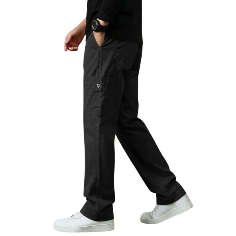 Image of Cargo for Men | Cotton Cargo Pant | Lower for man | Elastic Drawstring Waist Straight Fit Bottoms | Comfortable Breathable Summer Cargos for Casual, Office Wear