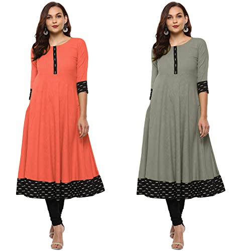 Image of NATEK Cotton Anarkali Printed Border Kurtis for Women Combo Pack of 2