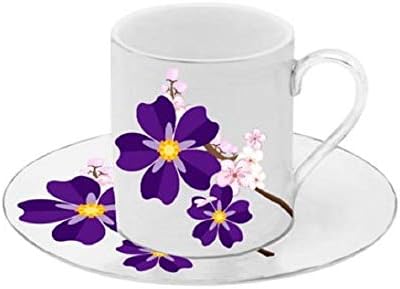 Porcelain China Espresso Turkish Coffee Demitasse Set of 6 Cups + Saucers (Violet Flowers)