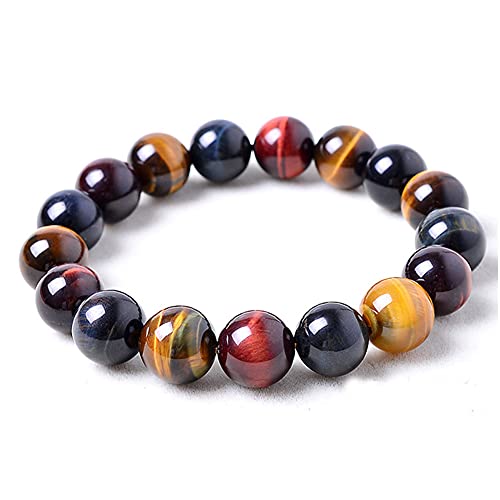 12mm Chakra Bracelet, Triple Protection Healing Crystals Jewelry for Women Men, Natural Gemstone Beaded Relax Anxiety Bracelets, Yoga Meditation Crystal Bracelet, Red |Yellow| blue Tiger eye chakra bracelet for protection (12)